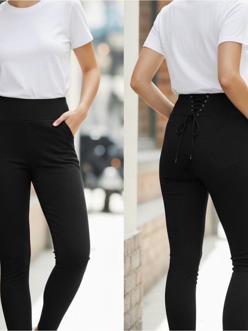 Halara Black Ribbed Pants Size L 7/8 Ankle Length Lace Up Back - Picture 2 of 5